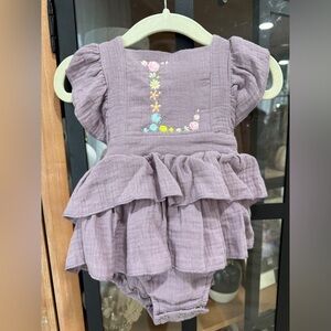L monogrammed initial Bubble romper muslin lavender baby girl ruffle embroidered
